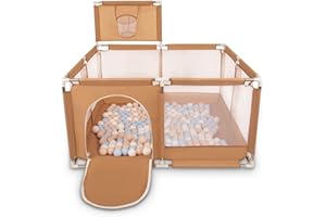 Selonis Parc Bébé Avec 100 Balles Plastiques Aire De Jeu Pliable Basket, Beige : Beige Pastel/Bleu Pastel/Blanc