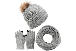 CheChury Femme Tricotés Chapeau Ensemble Bonnet Pompom Écharpe Gants Écran Tactile Hiver Chaud Tour de Cou avec Doublure 3 Pièces pour Hommes et Femmes