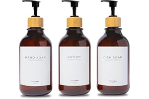 MaisoNovo Bottiglie ricaricabili per shampoo e balsamo da | 500 ml Set di 3 bottiglie di plastica color ambra Pompe nere in bambù