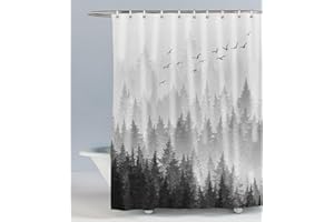 LIVETTY Black and White Misty Forest Shower Curtains Plant Tree Nature Woodland Shower Curtain 72x72 inches（180x180cm ） with 12 Hooks Fabric Bath Curtain Washable Quick-Drying