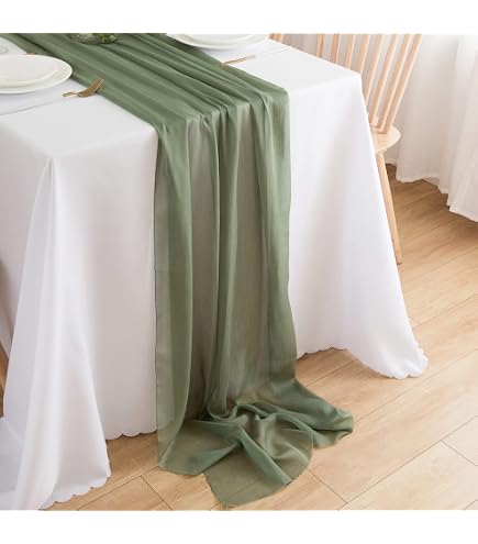 Lot 4 Chemins De Table Vert Sauge 90x300 Cm – Tulle Froissé Bohème Élégant Pour Mariage & Déco