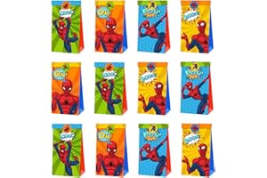 MIZT Bolsas de Regalo, Bolsas para Cumpleaños Spiderman, 12 Piezas Bolsas de Papel Kraft para Fiestas con 18 Pcs Pegatinas, Bolsas dulces para envolver regalos, fiestas para niños, fiesta temática