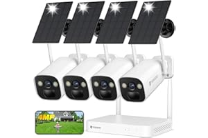 YESKAMO 4MP FHD Cámara de Vigilancia WiFi Exterior/Interior Inalámbrica con Batería de 9000mAh con Panel Solar, IP66, Visión Nocturna en Color, Detección Humana, Kit con 4 Cámaras Solares