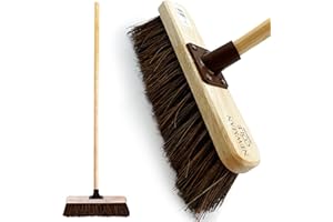 NEWMAN AND COLE 12” Outdoor Garden Broom with Wooden Handle Natural Stiff Bassine Hard Bristle with Durable Support Bracket Yard Brush Heavy Duty Broom Outdoor Cleaning Sweeping (PACK OF 1)