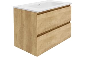 Baikal Mueble de Baño Rubi. Mueble MONTADO. 2 Cajones Suspendido con Lavabo. Armario de Baño. Lavabo Ceramico. Cierre Amortiguado. Altura 55cm. 80cm Nature.