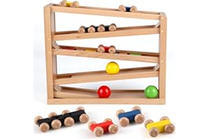 Jacootoys Wooden Car Ramp Marble Run Game Racing Track 5 Layers Racer Toy Set 4 Cars 3 Balls Gift for Kids Boys Girls