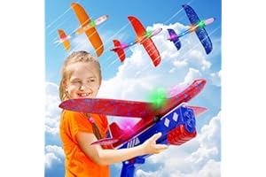 IOUGDSEC 3 Pack Flugzeug Launcher Spielzeug Flugzeugbausätze, LED Schaum Gleiter Katapult, 2 Flug Modi, fliegen, 3-12 Jahre alt Jungen Mädchen Geburtstag Geschenke