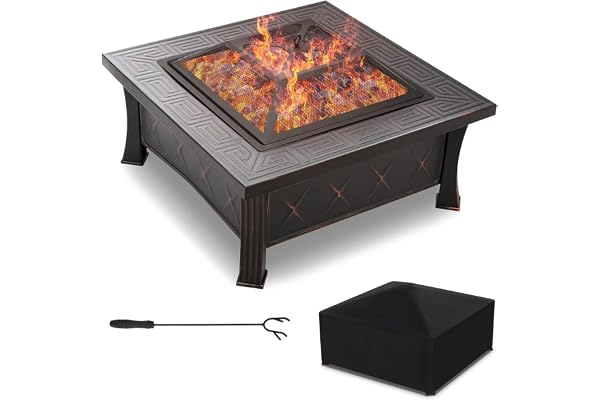 TLGREEN Brasero Exterieur, Foyer Barbecue, 3 en 1 Carré avec Housse Étanche, Grille et Tisonnier Pare-étincelles, pour Le Jardin, Camping, Chauffage de terrasse, 81x81x51 cm