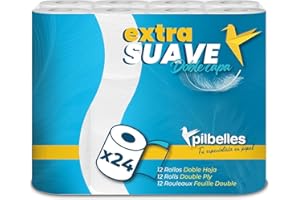 PILBELLES Papel Higiénico Doble Capa Extra Suave | 24 Rollos | Papel Higiénico de 2 Capas Resistentes | Apto para Pieles Sensibles | Sin Perfume | Certificado ECOLABEL