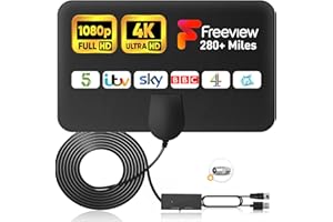 WAINHEFU TV Aerial - Indoor TV Aerial with Amplifier Signal Booster, Freeview Digital TV Antenna for Freeview TV Support 4K 1080P HDTV with 280+ Miles & 17 ft Coax Cable