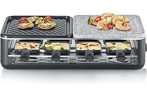 ‎SEVERIN SEVERIN Raclette-Grill für 8 Personen, Naturgrillstein & antihaftbeschichtete-Grillplatte, Tischgrill mit extra tiefen Pfännchen, spülmaschinengeeignet, Black Line, RG 2366