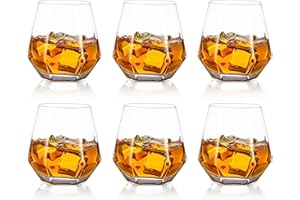 Hanobe Bicchieri Whisky Bicchieri Acqua Vetro Set di 6 Bicchieri Rum del Diamante Bicchieri di Cristallo Inclinati Geometrici Unici del Vino Rock Lowball Beve Tazze di Vetro Della Barra 10oz Chiaro