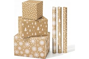 Neloheac Navidad Papel de Regalo Kraft, 3 Rollos, 43 cm x 3 m por Rollo, Copo de nieve/puntos/árbol, para Navidad, Cumpleaños, Infantil