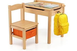 GYMAX Kids Desk and Chair Set, Wooden Children Activity Table with Chair, Storage Space & Lift-up Tabletop, Toddler Study Desk Set for Boys Girls (Natural)
