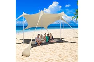 IKKLE Pop Up Beach Tent Sun Shelter UPF50+, Windproof Sun Shade with Beach Blanket, Outdoor Shade Canopy for Camping Trips,Fishing,Sand ShovelPicnics,Backyard (320X320CM 4 Poles, Beige)