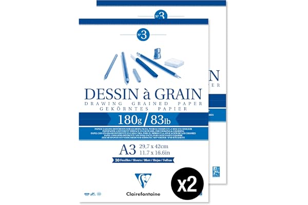 Clairefontaine 96622AMZC Un lot de 2 Blocs Encollés Papier Dessin à Grain - 30 Feuilles Papier Dessin au Grain Marqué - A3 29,7x42 cm 180g - Idéal pour le Dessin et Croquis au Crayon, Feutre et Fusain