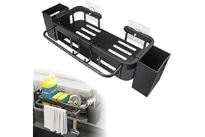 AHRITA Organizador Fregadero Multifuncional de Acero Inoxidable, Soporte de Esponja sin Taladrar, Estropajo Organizador con 2 Tubos de Almacenamiento, 2 Ganchos y Soporte de Paño, Negro