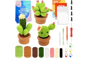 Encuryna Juego de ganchillo para principiantes, juego de iniciación de crochet de cactus, manualidades con agujas de ganchillo, hilo, relleno de fibra de poliéster, aguja de coser a mano