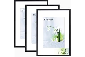 Feihorrm Bilderrahmen, A3 Fotorahmen aus Eiche, Mit gehärtetem Glas, Für 29,7x42 cm-Fotos ohne Passepartout oder 20x28,7 cm-Fotos mit Passepartout (Schwarz, A3 (29,7x42 cm)/ 3x)