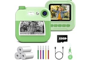 Macchina Fotografica Bambini Istantanea, GREENKINDER 1080P 2,4" Fotografica Bambini con 32GB Card, Fotocamera Istantanea Bambini con Rotoli Carta Stampa e Penne Colorate, Regalo per Bambini 3-12 Anni
