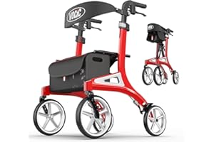 VOCIC Deambulateur pliable léger,Déambulateurs à roues et rollators avec siège,Dossier réglable en profondeur et en hauteur,Déambulateur en aluminium d interieur à l'exterieur,Rouge