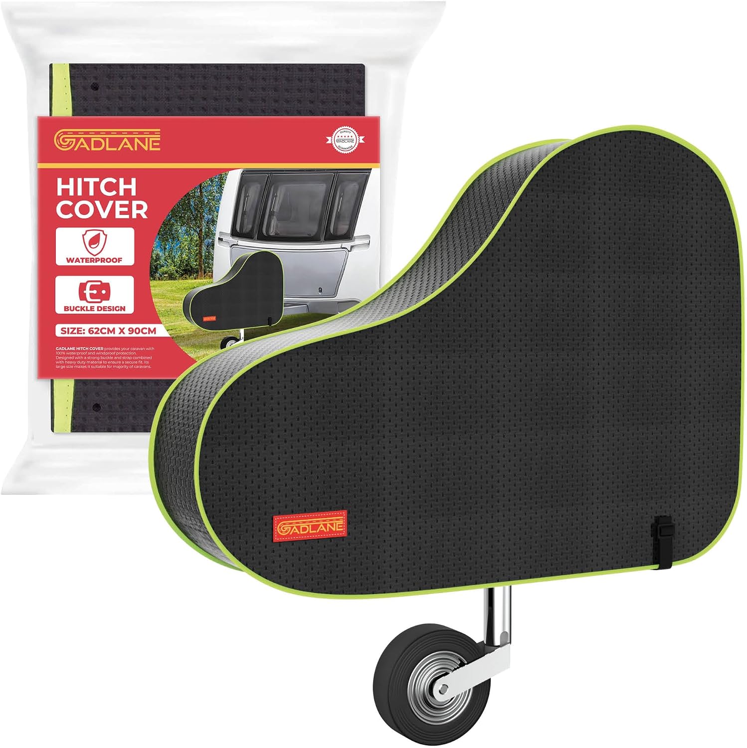 GADLANE Caravan Hitch Cover With Strap - Waterproof Tow Bar Cover, 62cm x 90cm, Heavy Duty Nylon With Green Fluorescent Strip, For Most Caravans/Motorhomes/Trailers (Black)