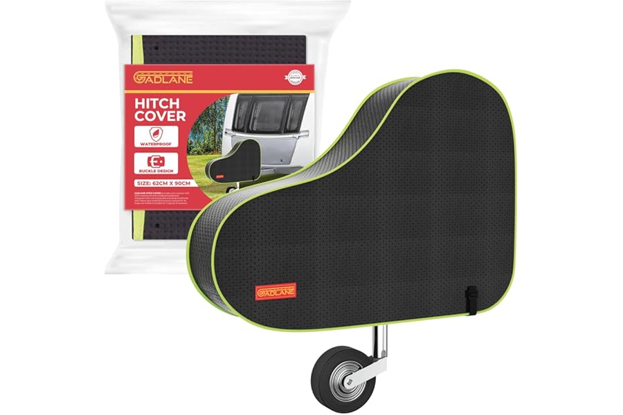 GADLANE Caravan Hitch Cover With Strap - Waterproof Tow Bar Cover, 62cm x 90cm, Heavy Duty Nylon With Green Fluorescent Strip, For Most Caravans/Motorhomes/Trailers (Black)