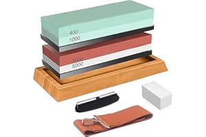 MJUTHY Abziehsteine Schleifstein Set für Messer,Professionell Wetzstein Körnung 400/1000 3000/8000 mit Rutschfeste Bambusbasis Flachstein Winkelführung Lederstreifen (8 In 1)