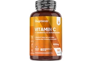 ‎WEIGHTWORLD Vitamin C 1000mg pro Tablette - 180 vegane Tabletten für 6 Monate - Vitamin C trägt zu einer normalen Funktion des Immunsystems bei (EFSA) - Vit C mit Bioflavonoiden & Hagebutte - WeightWorld