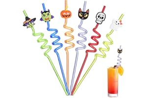 Ulife Mall Halloween Party Straws, 6PCS Reusable Drinking Straw Halloween Party Decorations Skeleton Ghost Pumpkin Bat Witch Curly Plastic Straws Kids Birthday Decor Favors