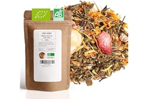 MES THÉS Thé Vert bio Fraise Pêche - 100g (40 tasses) - Thé en vrac 100% agriculture biologique - Mes-Thés
