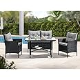 EVRE Anthracite Florence Garden Rattan Furniture Set 4 Piece Seat 1 Sofa 2 Chair Dining Outdoor Conservatory Wicker Weave Lounge Sofa and Glass Top Table with Cushions