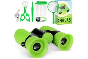 HOOWUDY Fernglas für Kinder Vergrößerung 8X22,7-teiliges Entdecker Set-mit Lupe,Kompass,Becherlupe,Fernglas,Pinzetten,Schmetterlingsklammern,Pfeifen-Spielzeug für 4 5 6 7 8 Jahre