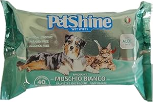 PETSHINE Wet Wipes, 40 salviette igienizzanti per cani, gatti e animali domestici, 30X20 cm, salviettine detergenti fragranza muschio bianco ,salviette umidificate senza alcool e parabeni con aloe vera