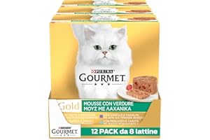 Purina Gourmet Gold Mousse per Gatti con Verdure Umido Gatto Agnello, Anatra, Trota, Merluzzo, 96 Lattine da 85g