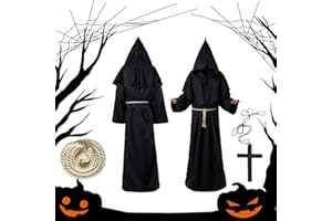 Ajuanbazha Deguisement Moine, Déguisement Pretre avec Capuche Ceinture et Croix, Déguisement Médiéval Homme, Pretre Costume pour Halloween, Cosplay