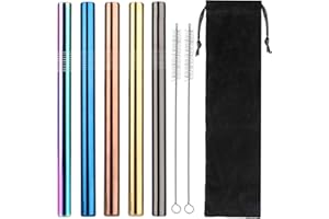 Pailles Bubble Tea réutilisables, Lot de 5 Acier Inoxydable Pailles à Boire en métal avec Petite Pochette de Rangement et 2 Petite Brosse pour Jus de Milkshakes à Boire Froid,Smoothie