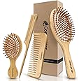 Combetter Bamboo Hairbrush and Comb Set - Natural Eco-Friendly Paddle Detangler with Scalp Massage for Women, Men, and Kids - Reduces Frizz and Promotes Healthy Hair Growth(4PCS)