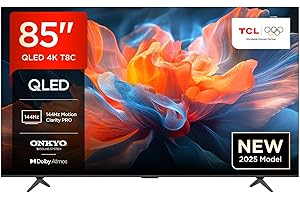 TCL 85T8C TV QLED 4K HDR Ultra HD da 85'', QLED TV con tecnologia Google TV (Dolby Vision e Atmos, Motion Clarity Pro a 144 Hz, FreeSync, audio Onkyo 2.1, compatibile con Google Assistant)