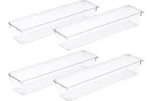 Amtido 4 Pack Drawer Organisers - Sturdy Clear Plastic - Versatile Storage for Kitchen, Bathroom, Utensils, Makeup, Office, and Desk Accessories (7.6cm x 30.5cm x 5.1cm)