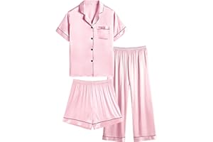 SWOMOG Kid's Silk Pyjamas 3 Piece Girls Boys Satin Pyjamas Set Button-Down PJs Sets Soft Lounge Sets Short Sleeve Sleepwear