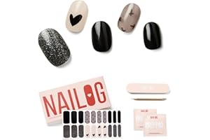 NAILOG Semi Cured Gel Nail Strips, Extra Long Nail Polish Strips (20 Pieces), Long Lasting Semi Cured Nail Stickers with Soft Glossy Gel Finish, Black Little Heart