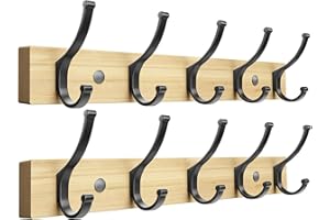 Optish Garderobenhaken Holz 2 Stück, Garderobenleiste mit 5 Haken, Kleiderhaken Wand Garderobe Holz für Schlafzimmer Küche Flure, Wandgarderobe für Mänteln, Jacken, Handtaschen Natur - 42CM