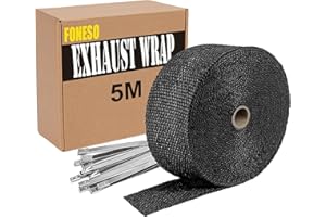 Car Exhaust Wrap, Foneso Exhaust Tape Bandage Titanium Black Fiberglass Heat Insulation Wrap Roll with 10 Pcs Stainless Steel Zip Ties, for Motorcycle Car Exhaust Pipes, Mainfold (Black, 1 Roll 5M)