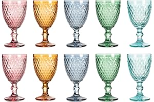 Solycarpa Juego De 10 Copas de Cristal Transparente para Fiesta, Boda o Bautizo Original y Resistente (2 Rosa + 2 Azul + 2 Ámbar + 2 Verde + 2 Azul cielo). Ideal para Vino, Cava o Agua.