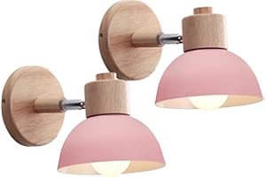 iDEGU 2 Pezzi Lampade da Parete Retrò Vintage Applique da Parete Interno in Metallo e Legno Moderne Lampada a Muro Orientabile E27 Luce da Camera da Letto Soggiorno (2 Lampade, Rosa)