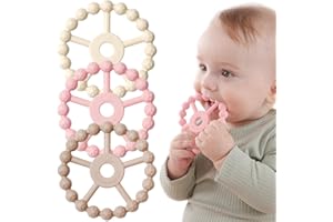 3 Pack Ring Teether, Silicone Teething Ring Toys for Babies 0-6 Months, Seposeve Baby Teethers 6-12 Months 12-24 Months, Easy to Grasp Toy for Baby Teething Relief, White Pink Coffee