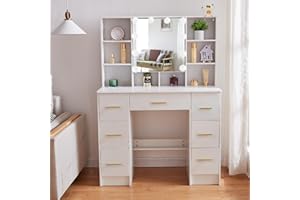 TEOUSEV Big Dressing Table with Mirror, Vanity Desk set with Drawers and Lights Adjustable Brightness, Modern Vanity Desk with Mirror, Drawers and Storage Shelves