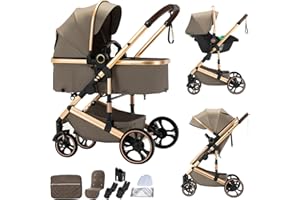 BEBBY passeggino trio, combinazione passeggino 3 in 1 cittadino con passeggino portatile con neonato pieghevole di lusso con modello ad alta vista (H9-BROWN, H9)