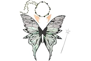 BRTNUP Fairy Wings for Adults, Fairy Costume Set with Floral Garland Wand and Elf Ears Butterfly Wings for Cosplay Halloween Parties Stage Performances Sparkle Butterfly Wings Adult